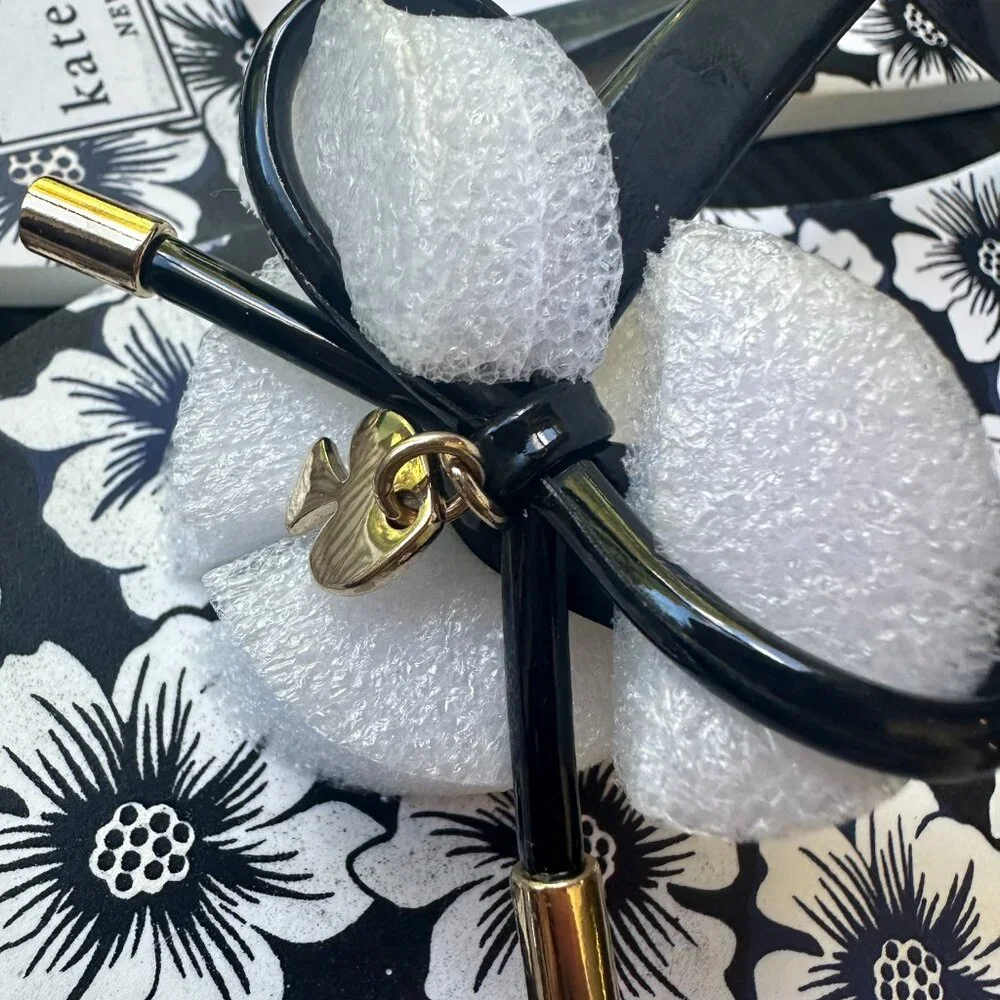 Kate Spade NOVA Sandals Flip Flops Black Shiny Rubber Hollyhock Print NIB s11